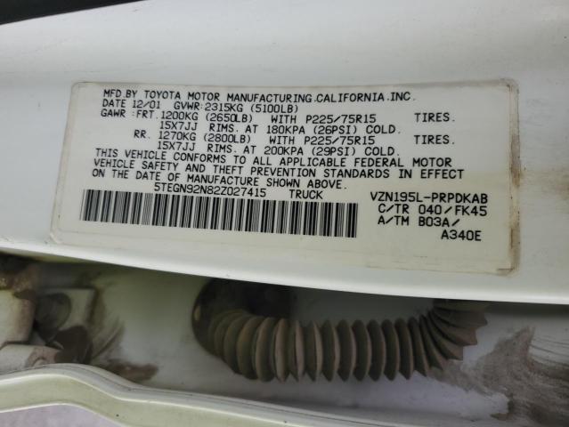 5TEGN92N82Z027415 - 2002 TOYOTA TACOMA DOUBLE CAB PRERUNNER WHITE photo 12