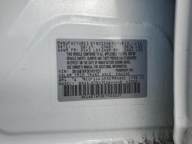 3N1AB7AP3KY401637 - 2019 NISSAN SENTRA S WHITE photo 12