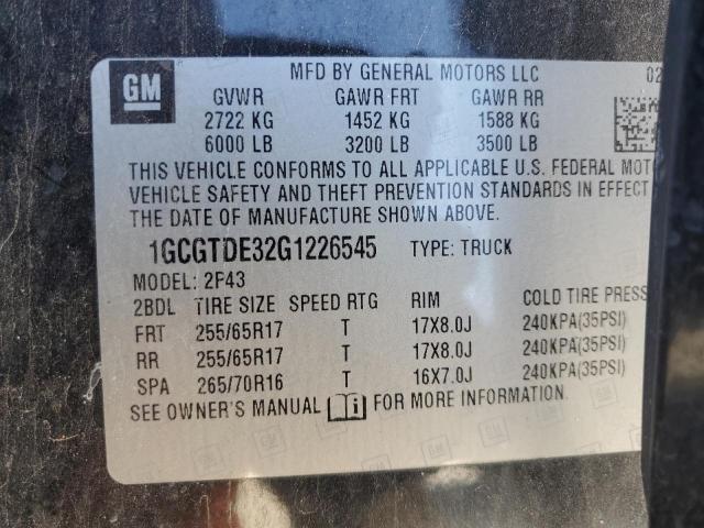 1GCGTDE32G1226545 - 2016 CHEVROLET COLORADO Z71 BLACK photo 12