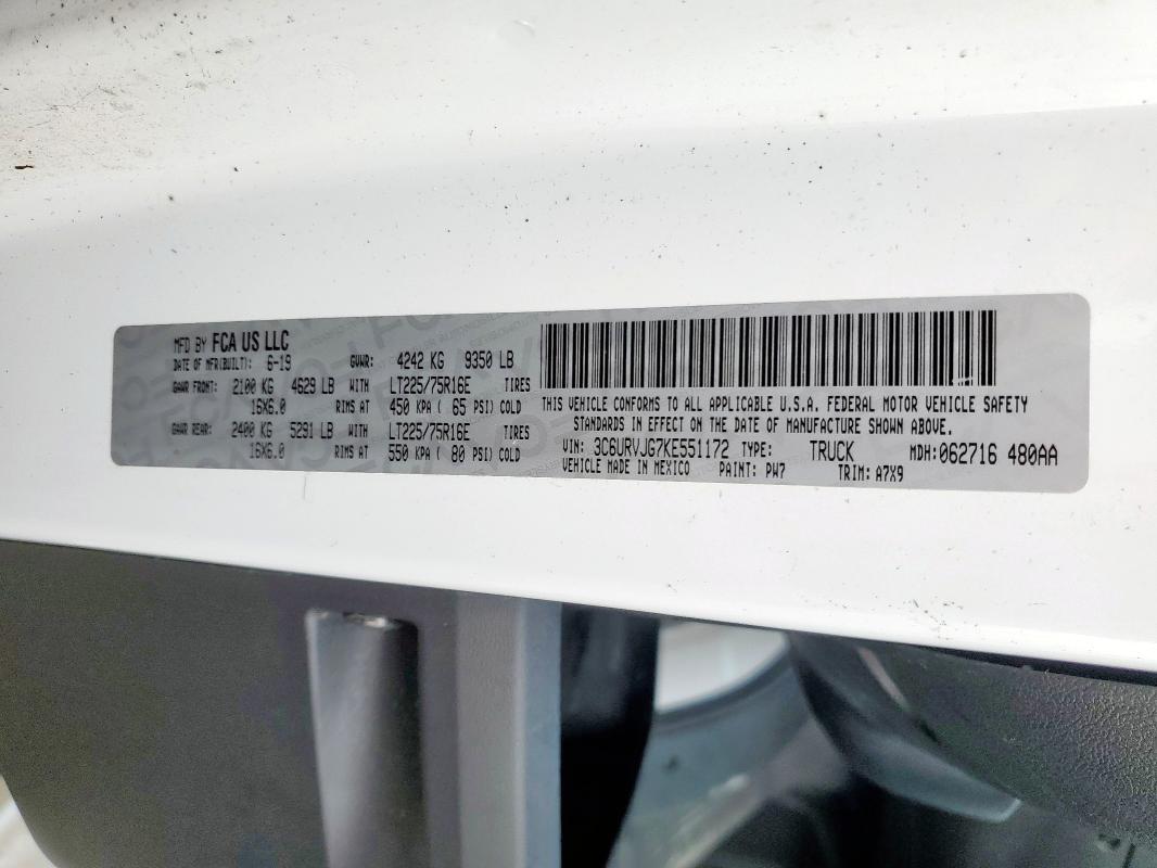 3C6URVJG7KE551172 - 2019 RAM PROMASTER 3500 HIGH თეთრი ფოტო 13