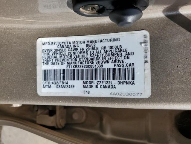 2T1KR32E23C051339 - 2003 TOYOTA COROLLA MA XR GOLD photo 13