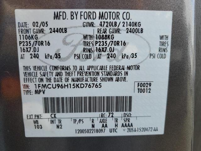 1FMCU96H15KD76765 - 2005 FORD ESCAPE HEV GRAY photo 13