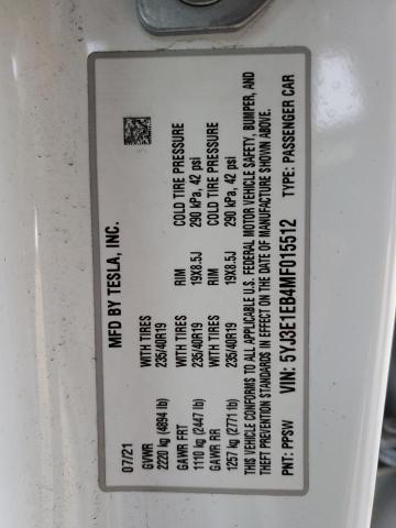 5YJ3E1EB4MF015512 - 2021 TESLA MODEL 3 თეთრი ფოტო 12