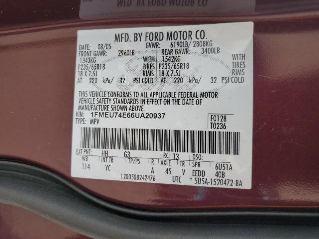 1FMEU74E66UA20937 - 2006 FORD EXPLORER EDDIE BAUER BURGUNDY photo 13