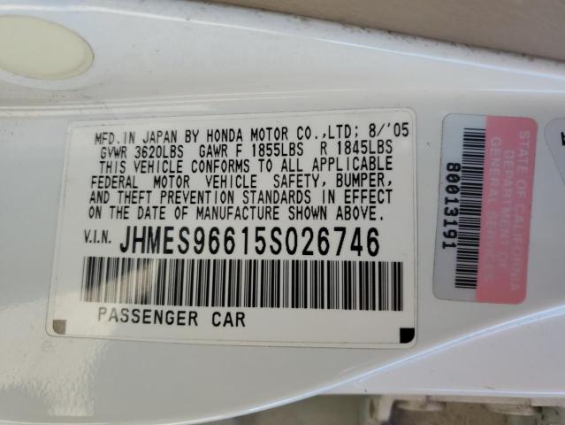 JHMES96615S026746 - 2005 HONDA CIVIC HYBRID WHITE photo 12