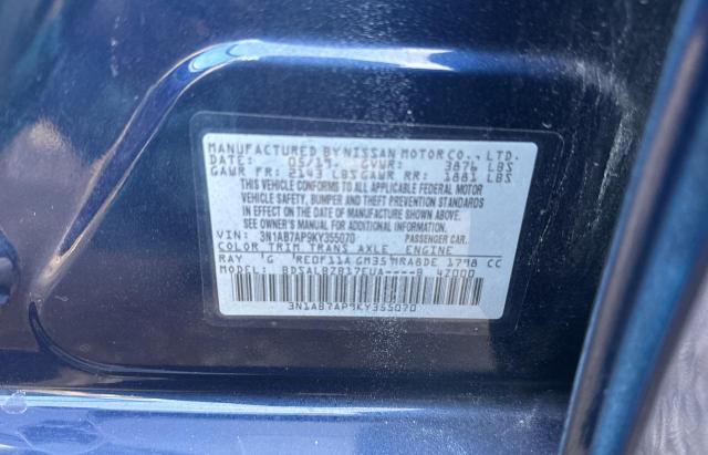 3N1AB7AP9KY355070 - 2019 NISSAN SENTRA S BLUE photo 10