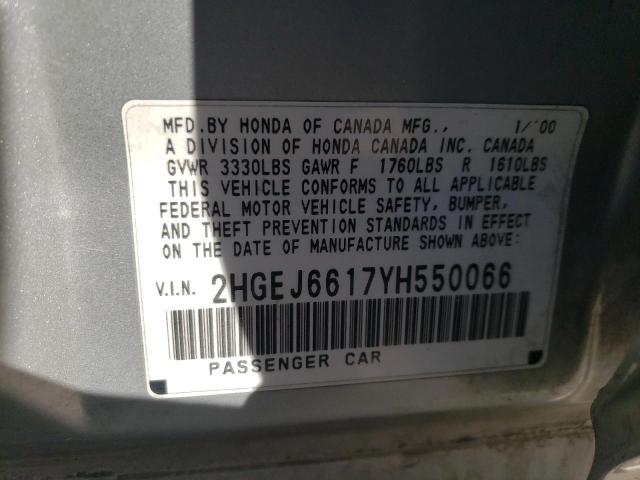 2HGEJ6617YH550066 - 2000 HONDA CIVIC BASE SILVER photo 12