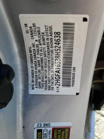 2HGFA16538H524638 - 2008 HONDA CIVIC LX SILVER photo 12