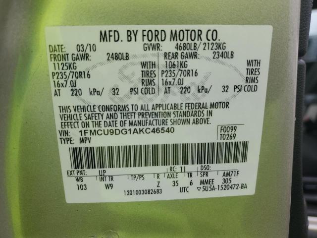 1FMCU9DG1AKC46540 - 2010 FORD ESCAPE XLT TAN photo 12