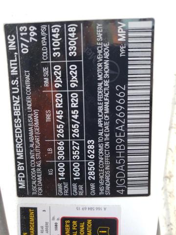 4JGDA5HB9EA269662 - 2014 MERCEDES-BENZ ML 350 4MATIC WHITE photo 14