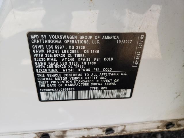 1V2RR2CA1JC535673 - 2018 VOLKSWAGEN ATLAS SEL WHITE photo 14