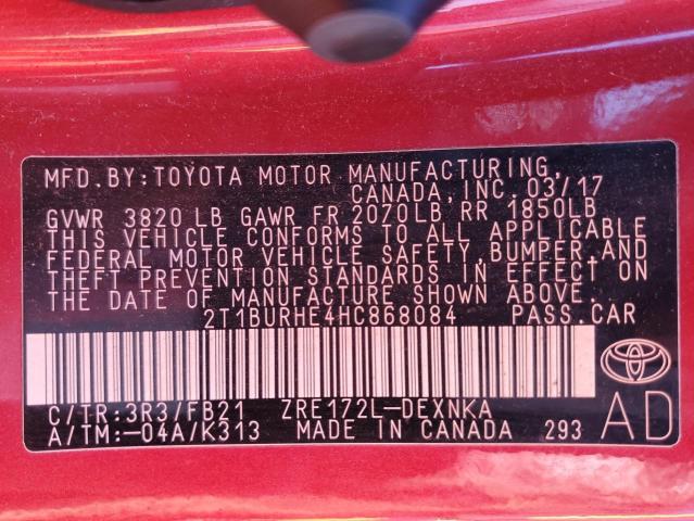 2T1BURHE4HC868084 - 2017 TOYOTA COROLLA L RED photo 13