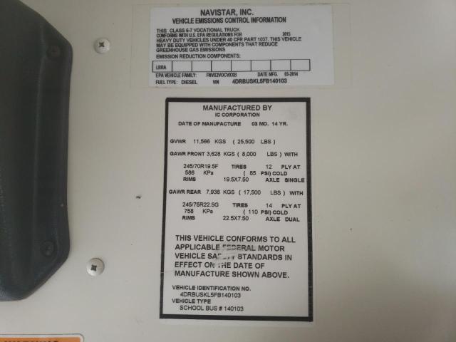 4DRBUSKL5FB140103 - 2015 IC CORPORATION 3000 CE YELLOW photo 10