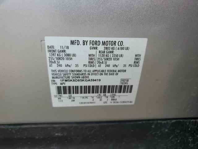 1FM5K8D85KGA59419 - 2019 FORD EXPLORER XLT SILVER photo 12