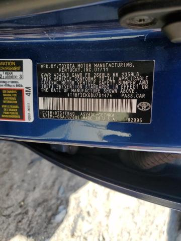 4T1BF3EK6BU701474 - 2011 TOYOTA CAMRY BASE BLUE photo 12