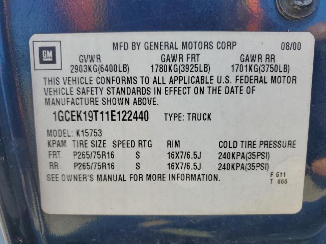 1GCEK19T11E122440 - 2001 CHEVROLET SILVERADO K1500 BLUE photo 12