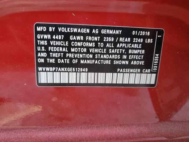 WVWBP7ANXGE512949 - 2016 VOLKSWAGEN CC BASE BURGUNDY photo 13