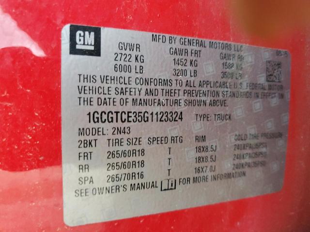 1GCGTCE35G1123324 - 2016 CHEVROLET COLORADO LT RED photo 13