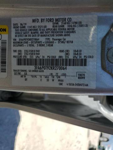 3FA6P0T92KR270064 - 2019 FORD FUSION SE SILVER photo 13