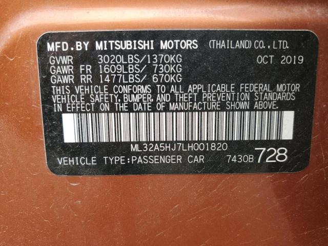 ML32A5HJ7LH001820 - 2020 MITSUBISHI MIRAGE LE ORANGE photo 12