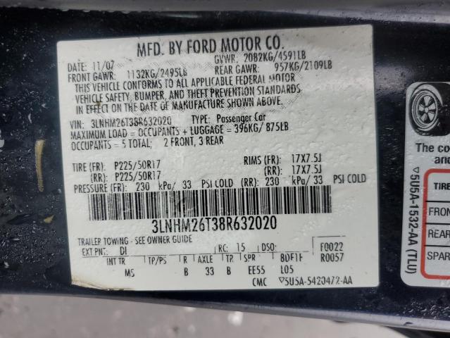 3LNHM26T38R632020 - 2008 LINCOLN MKZ BLUE photo 12