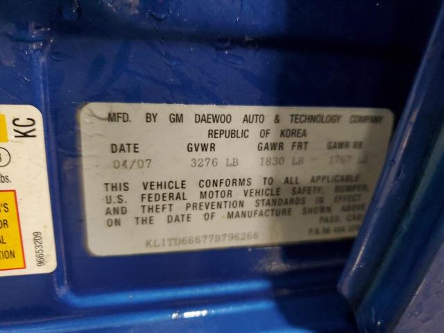 KL1TD66677B796266 - 2007 CHEVROLET AVEO BASE 蓝色 照片 12