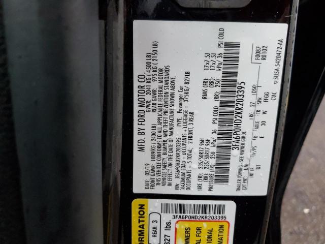 3FA6P0HD2KR203395 - 2019 FORD FUSION SE BLACK photo 13