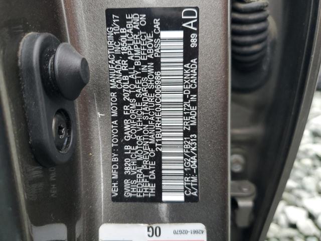 2T1BURHE0JC006986 - 2018 TOYOTA COROLLA L CHARCOAL photo 12