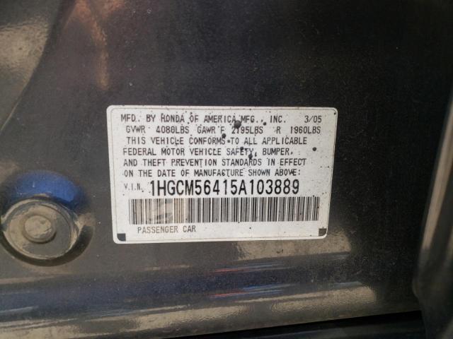 1HGCM56415A103889 - 2005 HONDA ACCORD LX GRAY photo 10