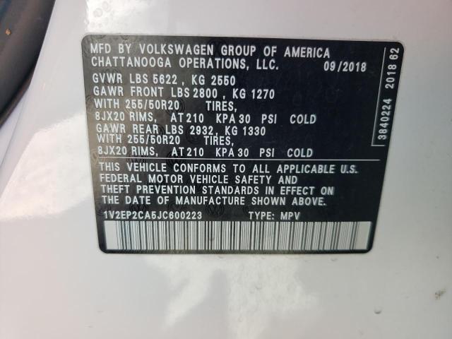 1V2EP2CA5JC600223 - 2018 VOLKSWAGEN ATLAS SEL WHITE photo 13