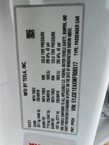 5YJ3E1EAXMF908517 - 2021 TESLA MODEL 3 Белый фото 12