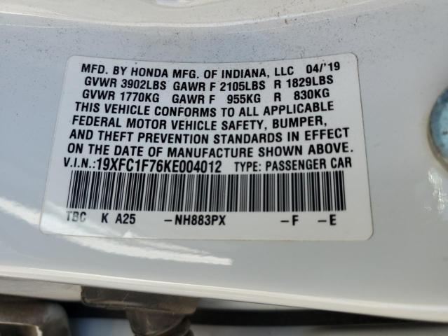 19XFC1F76KE004012 - 2019 HONDA CIVIC EXL WHITE photo 12