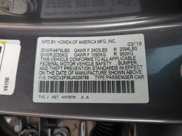 1HGCV2F96JA029788 - 2018 HONDA ACCORD TOURING GRAY photo 12