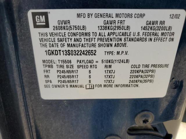 1GKDT13S032242652 - 2003 GMC ENVOY BLUE photo 12