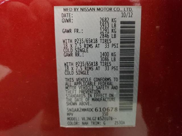 5N1AR2MM4DC610678 - 2013 NISSAN PATHFINDER S 红色 照片 12