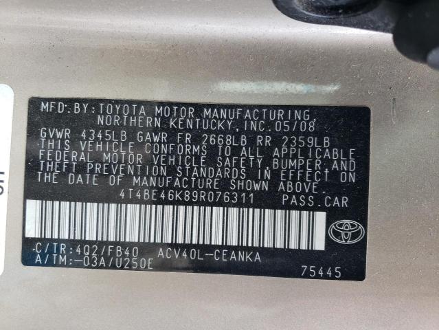 4T4BE46K89R076311 - 2009 TOYOTA CAMRY BASE GOLD photo 12