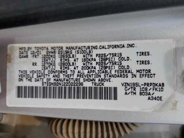 5TEGN92N12Z022296 - 2002 TOYOTA TACOMA DOUBLE CAB PRERUNNER SILVER photo 13