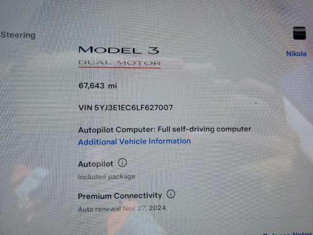 5YJ3E1EC6LF627007 - 2020 TESLA MODEL 3 BLACK photo 9