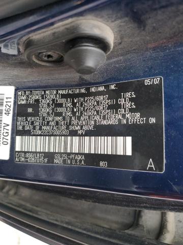 5TDBK22C37S005903 - 2007 TOYOTA SIENNA XLE BLUE photo 12