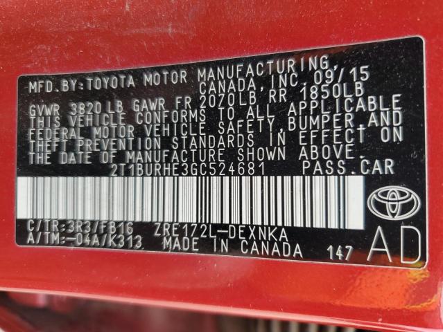 2T1BURHE3GC524681 - 2016 TOYOTA COROLLA L RED photo 13