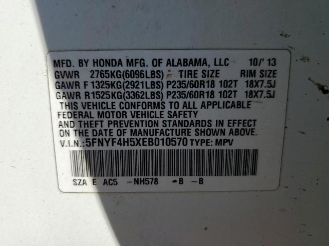 5FNYF4H5XEB010570 - 2014 HONDA PILOT EXL WHITE photo 14