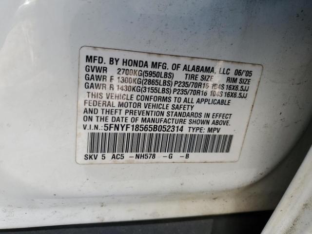 5FNYF18565B052314 - 2005 HONDA PILOT EXL WHITE photo 13