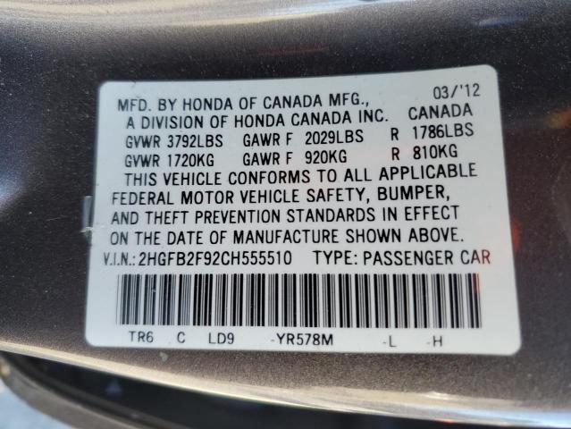 2HGFB2F92CH555510 - 2012 HONDA CIVIC EXL GRAY photo 12
