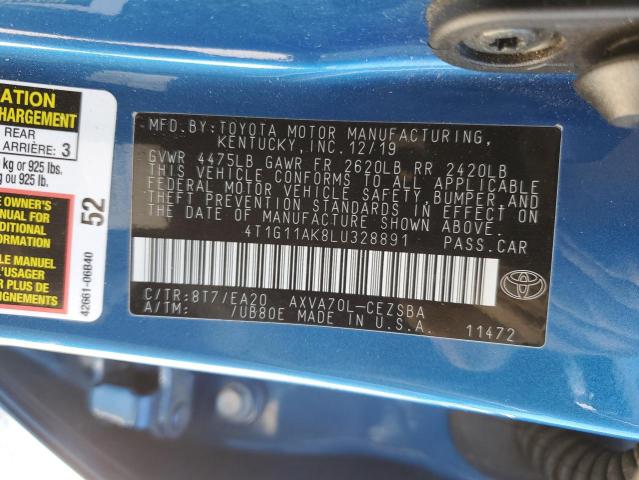 4T1G11AK8LU328891 - 2020 TOYOTA CAMRY SE BLUE photo 12