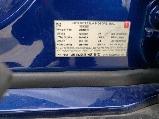 5YJSA1E1XGF158192 - 2016 TESLA MODEL S Синій фото 12