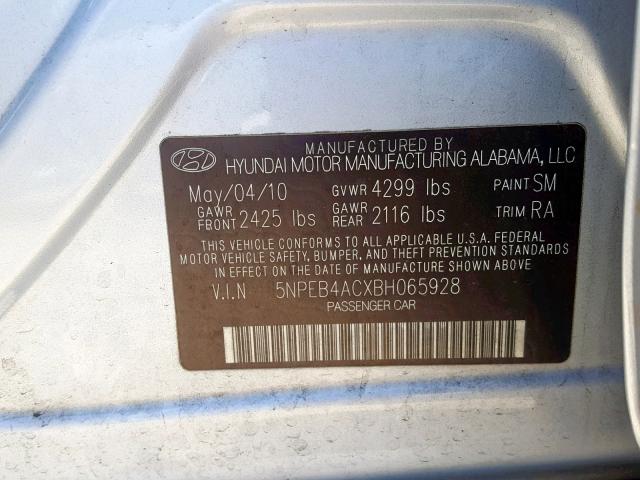 5NPEB4ACXBH065928 - 2011 HYUNDAI SONATA GLS  photo 10