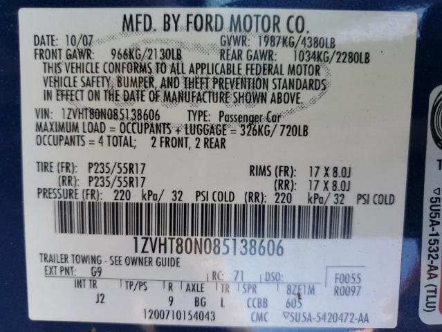 1ZVHT80N085138606 - 2008 FORD MUSTANG BLUE photo 12