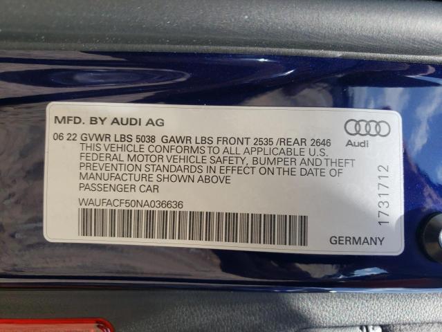 WAUFACF50NA036636 - 2022 AUDI A5 PREMIUM PLUS 45 BLUE photo 12