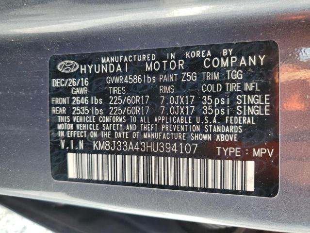 KM8J33A43HU394107 - 2017 HYUNDAI TUCSON LIMITED GRAY photo 12