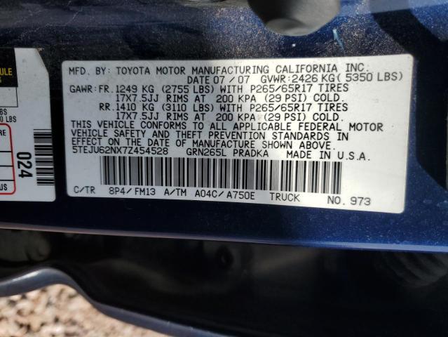 5TEJU62NX7Z454528 - 2007 TOYOTA TACOMA DOUBLE CAB PRERUNNER BLUE photo 12